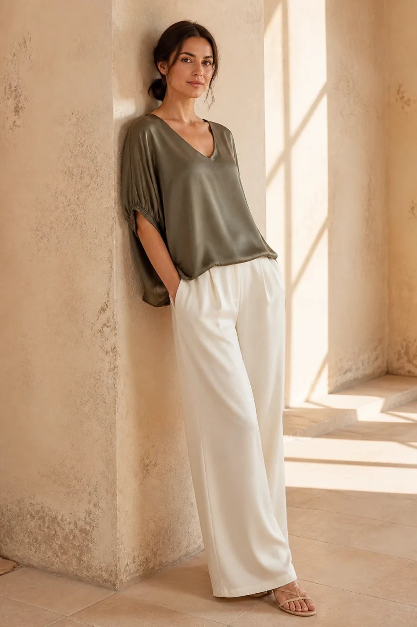 Jade - Glossy V neck Blouse - Taupe