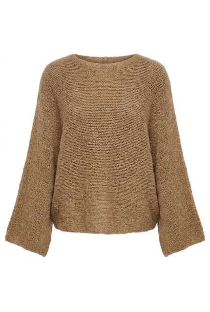 LUMI - CHUNKY KNIT SWEATER W BOW - LIGHT BROWN
