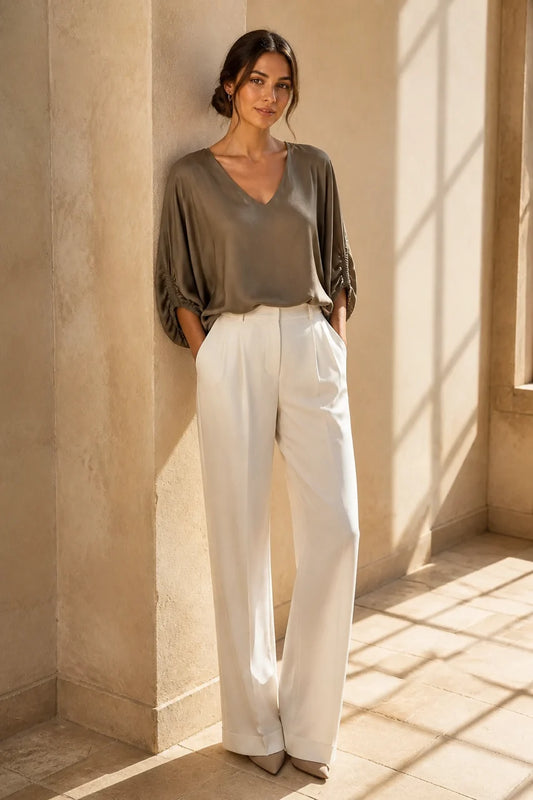Jade - Glossy V neck Blouse - Taupe