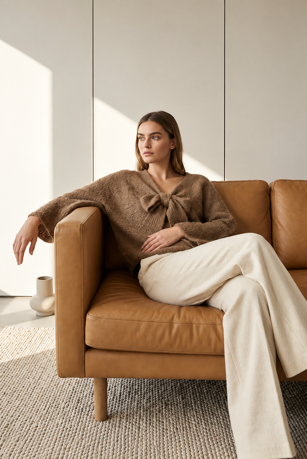 LUMI - CHUNKY KNIT SWEATER W BOW - LIGHT BROWN
