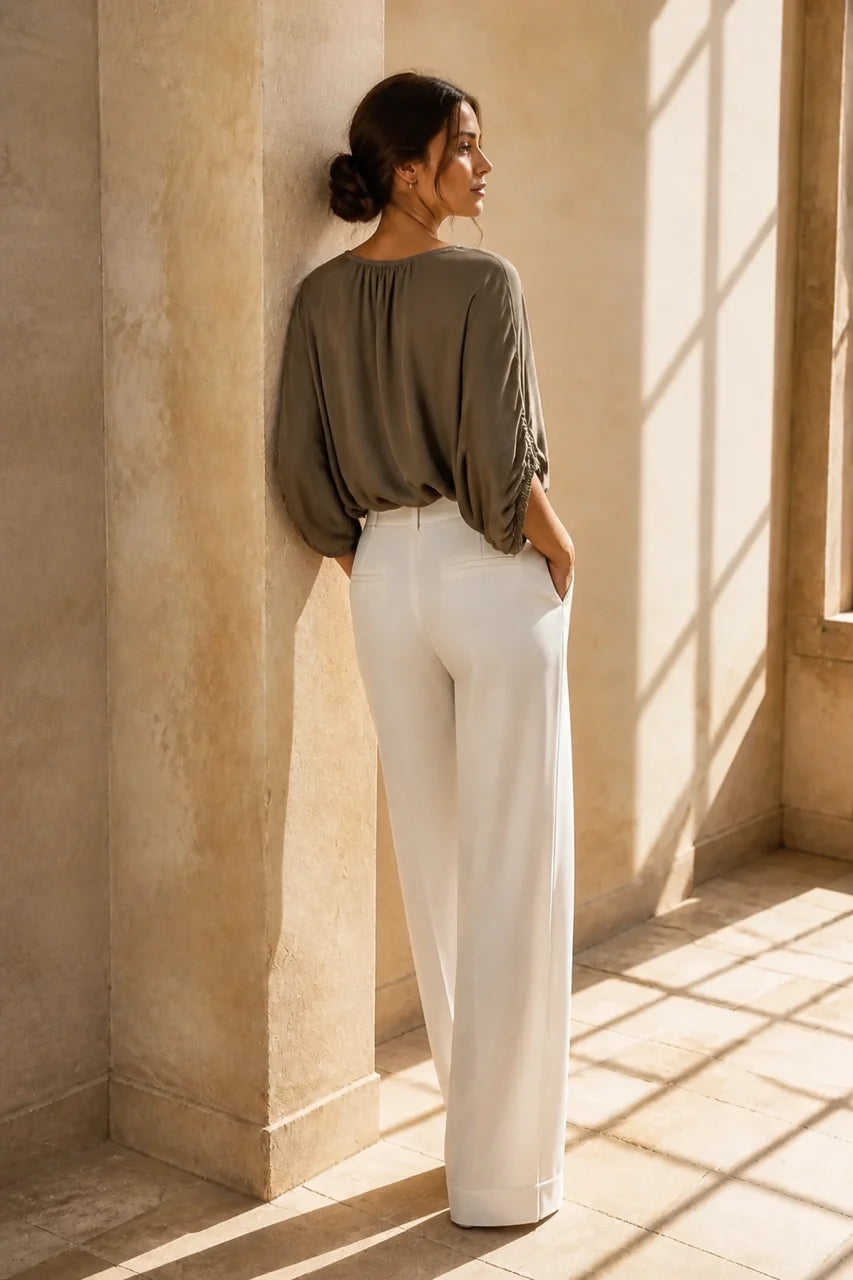 Jade - Glossy V neck Blouse - Taupe