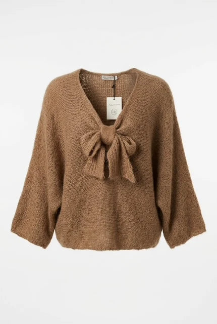 LUMI - CHUNKY KNIT SWEATER W BOW - LIGHT BROWN