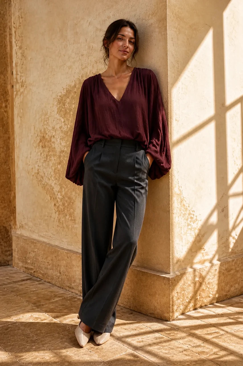 Kayla - Cotton Balloon Blouse - Bordeaux