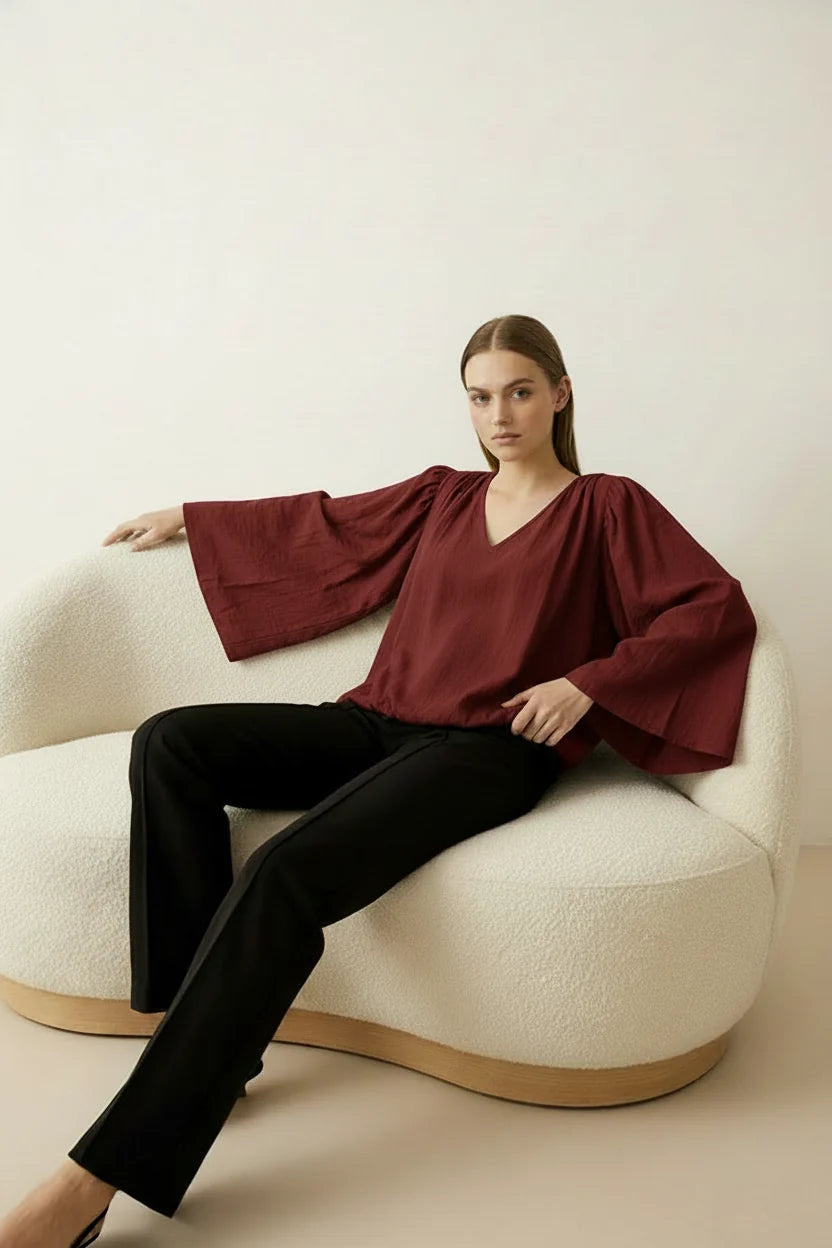 Kayla - Cotton Balloon Blouse - Bordeaux