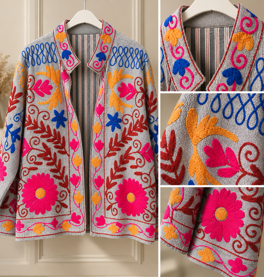 Handbroderad Jacka grå
