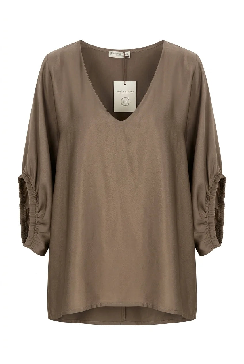 Jade - Glossy V neck Blouse - Taupe